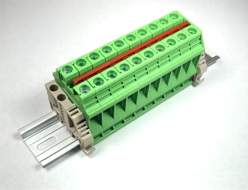 Combiner DK10N-GN 10 Gang Green with Jumper DIN Rail Dinkle 6AWG 60A 600V