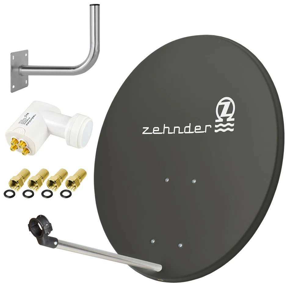 ZEHNDER TEENDER impianto satellitare digitale 80 cm specchio ciotola + QUAD LNB + supporto a parete SET d