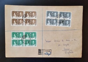 NYASALAND COVER 1937 KGVI Coronation First Day Cover FDC BLOCKS Registered ZOMBA