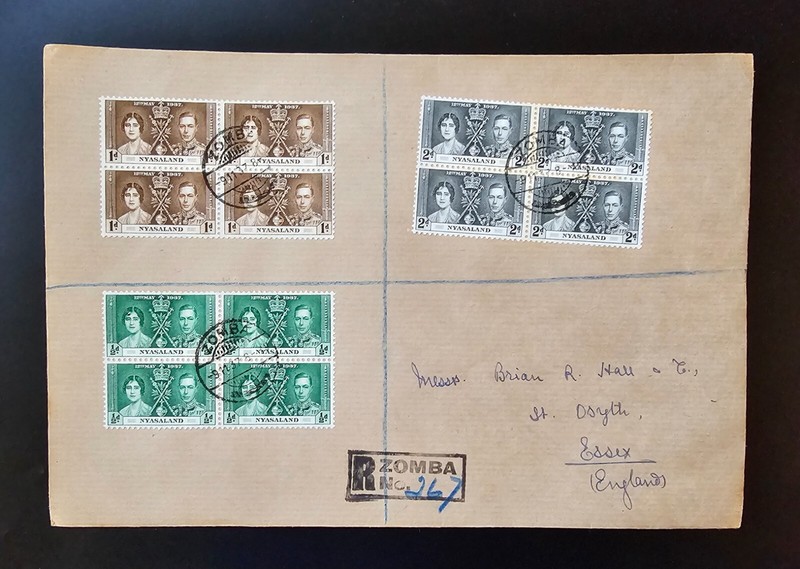 NYASALAND COVER 1937 KGVI Coronation First Day Cover FDC BLOCKS Registered ZOMBA