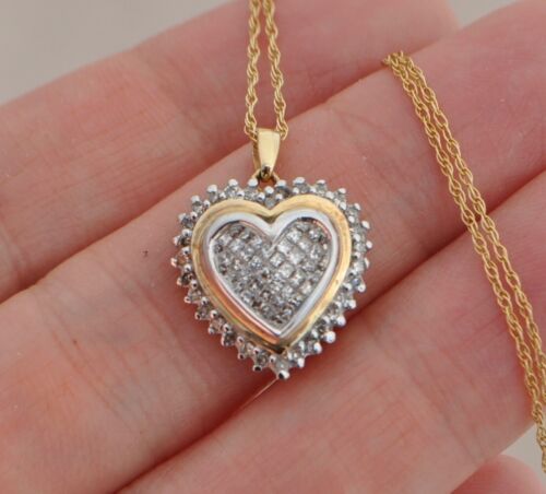 Natürlicher Diamant 10k 14k massives Gold Herz Halskette Anhänger Prinzessin Pave Cluster - Bild 8 von 10
