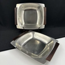 MCM Square Danish Modern Stainless Set Of (2) 8 1/2” Serving Teak Handle Denmark