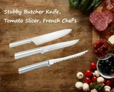 Rada 3 Pc Set Stubby Butcher Knife, Tomato Slicer, French Chef (Silver Handle)