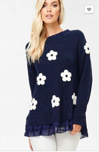 Navy blue sweater white daisies ruffled hem - Picture 1 of 5