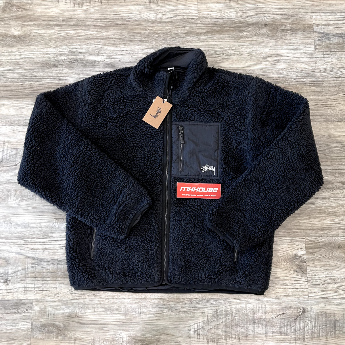 New Stussy Sherpa Reversible Jacket Fleece Zip Up Moss Black New Stussy Sherpa Reversible Jacket Fleece Zip Up Moss Black