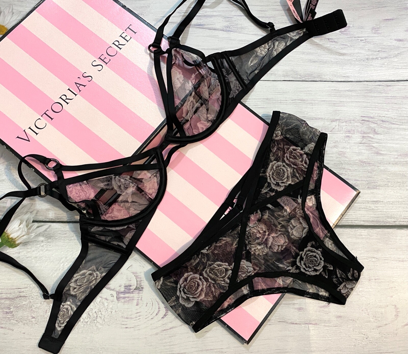 NEW VICTORIA'S SECRET VS PINK METALLIC BLACK BONING LACE MESH