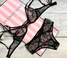 Victorias Secret Luxe Strappy Black Floral Mesh Ring Bra Set Peaceful Rose Black