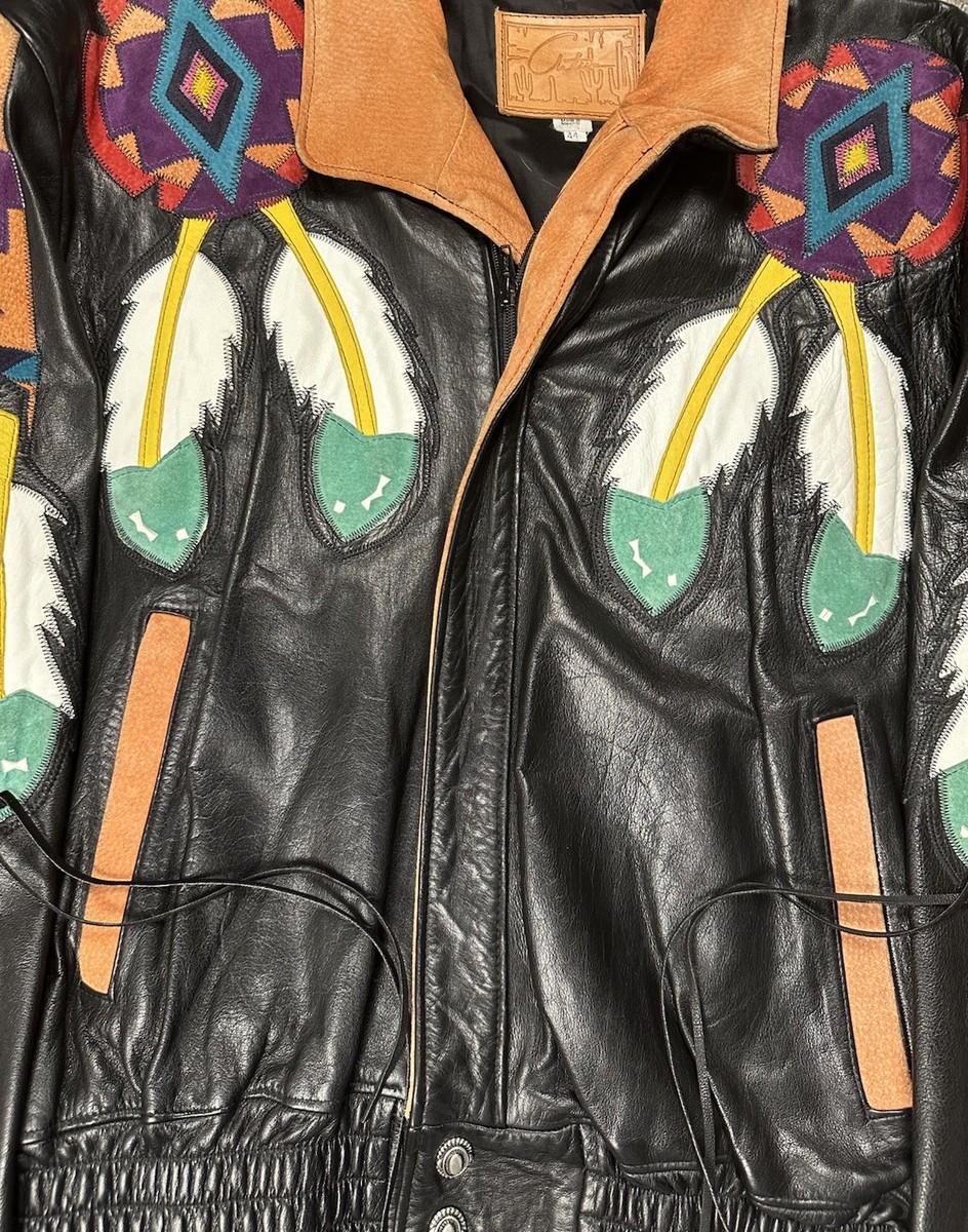 VTG 70s 44 L Arturo Arocha Western Leather Jacket Native American