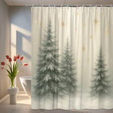 Christmas Shower Curtain with Snowy Trees and Golden Stars