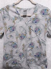 Vintage Disney Tinker Bell Women's Nurse Scrub Top Size Small Floral Paisley