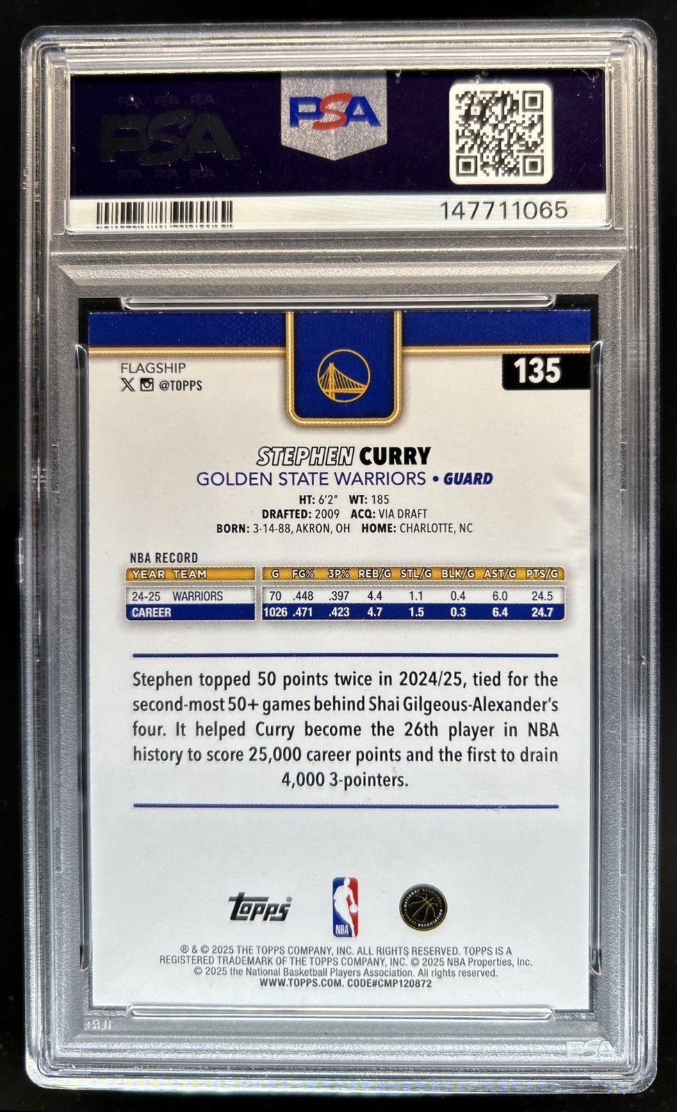 2025-26 Topps Stephen Curry Rainbow Foil #135 Warriors PSA 8 view 2
