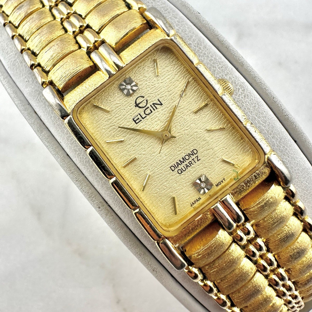 Elgin Diamond Mens Quartz Gold Tone Bracelet Watch FM846 Sz