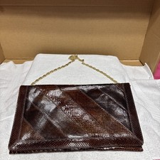Vintage BAGS BY VARON Brown SnakeSkin Style Leather Clutch Purse With Fold Over