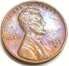 1955 S Rainbow Toned Lincoln Wheat Cent Copper Penny Old Estate Coin