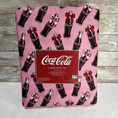 Coca Cola Pink Twin 4 Piece Sheet Set Bottles Bows