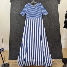 Matilda Jane Dress Women's Large Blue Striped Maxi A-Line Half Sleeve Pockets