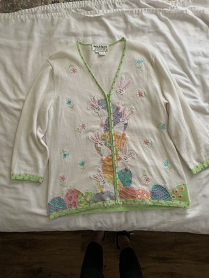 Jack B. Quick Women's L White V-Neck 3/4 Sleeve Easter Bunny Beaded Cardigan