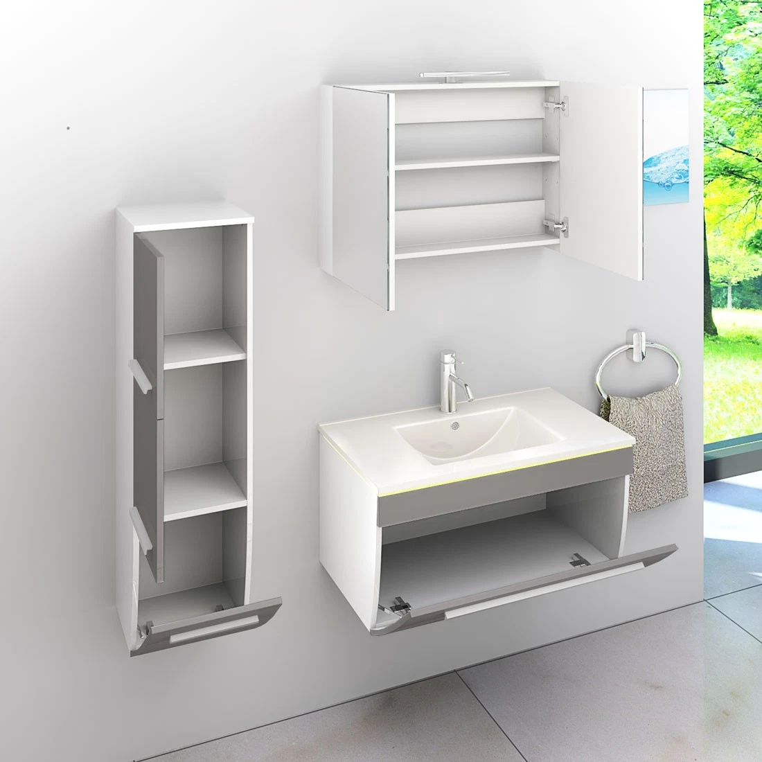 Badmöbel Set Gently 3 V2-L Weiß/Grau Badezimmermöbel Badspiegel Waschtisch 80 cm
