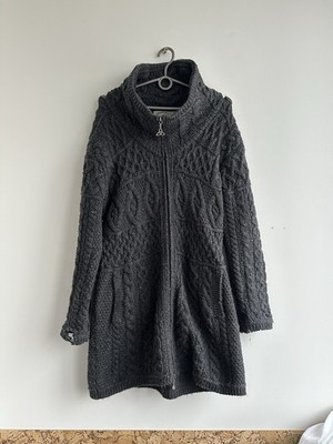 ARAN CRAFTS Women's Sweater L Gray 100% Merino Wool Cable-Knit Zip Poncho Cape