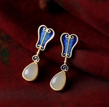 Enamel Colored Banana Leaf Earrings 18K Gold Plated White Jade Inlaid Earrings