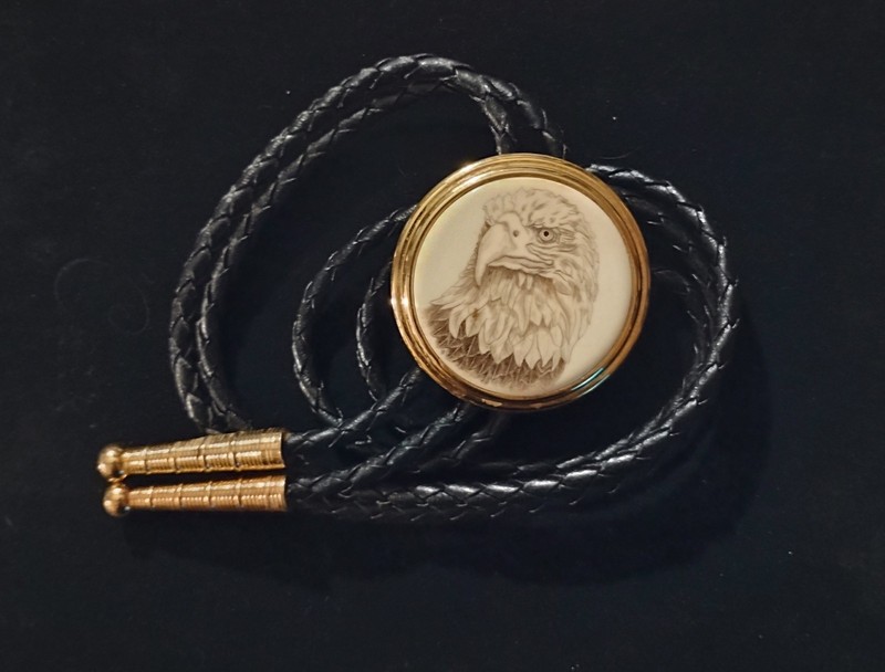 Vintage Barlow Bald Eagle Bolo Tie/Gold Tone Enamel/Black Braided Leather 18in