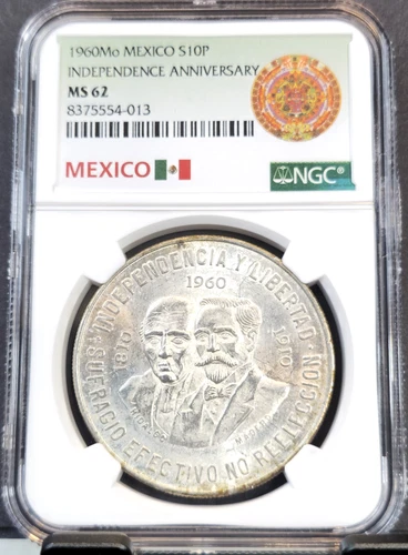 1960 MEXICO SILVER 10 PESOS S10P INDEPENDENCE ANNIVERSARY NGC MS 62 NICE COIN