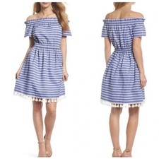 Eliza J Women Blue White Stripe Off The Shoulder Tassel Dress 6 EJ8M7442