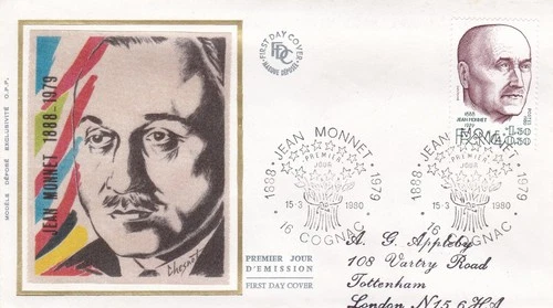 France 1980 Jean Monnet Silk FDC Cognac Special cancel typed VGC