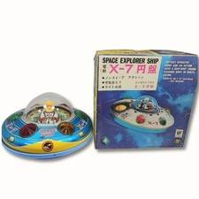 Vintage Modern Toys Masudaya X-7 Space Explorer Ship Tin Toy Working Box
