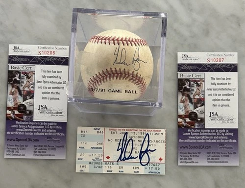 NOLAN RYAN AUTOGRAPH SIGNED GAME USED BASEBALL & TICKET LAST START SKYDOME JSA