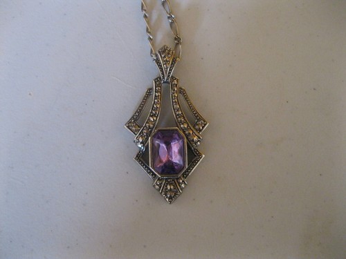 Avon Faux Amethyst Marcasite Pendant Necklace Victorian Style-Vintage - Picture 3 of 12
