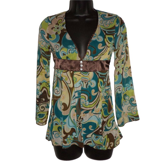 KNITWORKS Top Jr M Blue Green Floral Paisley Print BO HO ...