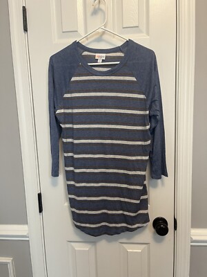 LuLaRoe  Randy  3/4 sleeve T shirt blue with tan and brown stripes. Size Medium