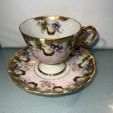Royal Sealy Tea Cup Saucer VTG Pedestal Fruit Gold Hand-painted