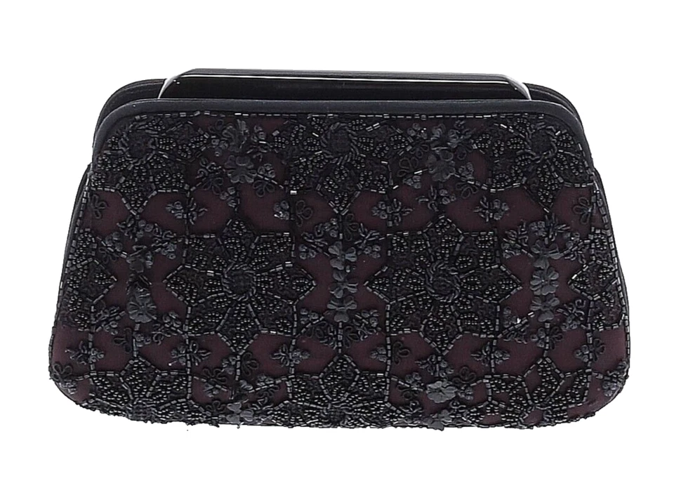 JUDITH LEIBER Purple Satin Black Floral Beaded Shoulder Strap Clutch Bag - Image 2 of 4