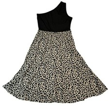 Women’s One Shoulder Midi Dress Size Large Black Leopard Print