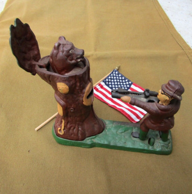 Vintage Mechanical Bank Hunter Shooting Bear in Tree Trunk Cast Iron