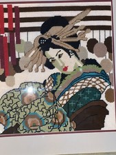 Vintage Large Framed Japanese Geisha Needlepoint Hollywood Regency