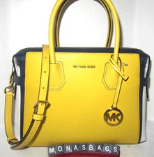 Michael Kors Mercer Medium Color-Block Belted Satchel Bag Navy Daisy Yellow NWT