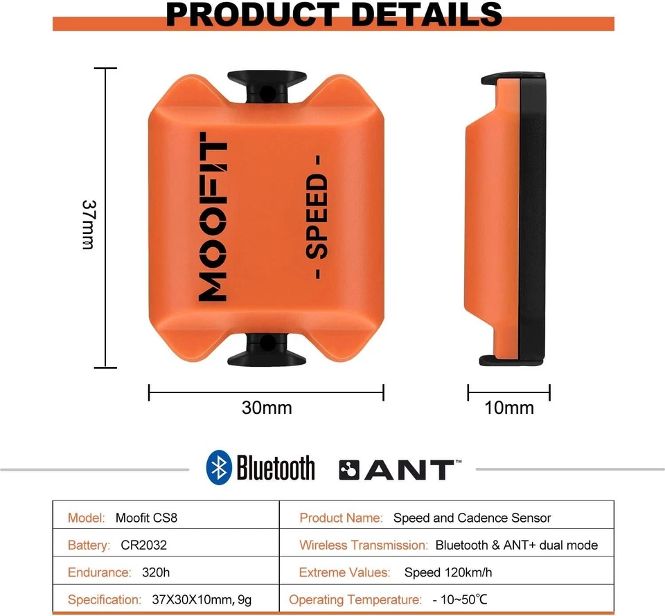 moofit CS8 Fahrrad Geschwindigkeitssensor und Trittfrequenzsensor Bluetooth & ANT+ IP67 - Bild 2 von 4