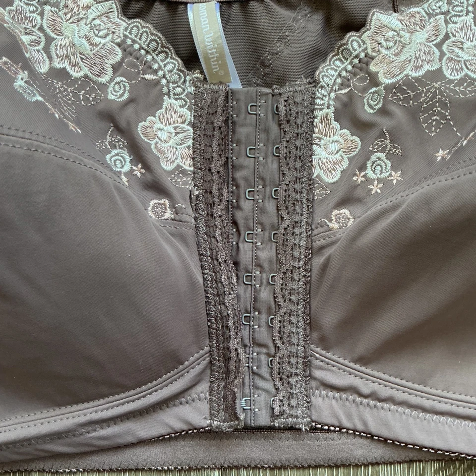 Woman Within Bra 40DD Full Coverage Front Close Embroidered Support Taupe - Image 2 of 4