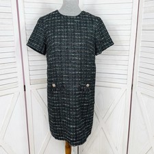 Loft Tweed Dress Size 4 Black Teal Front Pocket Shift Preppy Office Retro Boucle