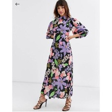 ASOS Floral Print Long Sleeve Maxi Dress Black Purple Pink Size US 6