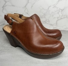 BORN Mule Clog Women's 10M Brown Leather Slingback Boho Wedge Heels Split Toe