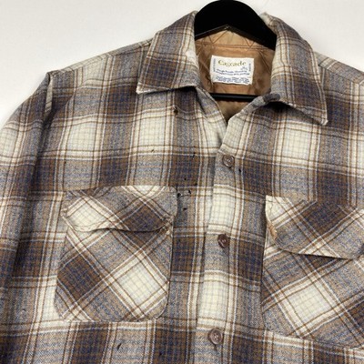 Vintage 60s Shadow Plaid Wool Flannel Shirt Mens Size Medium Loop