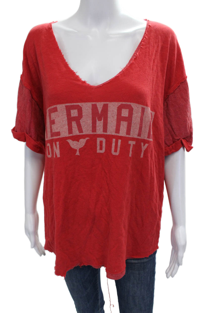 Wildfox Women Red Graphic V-Neck Cotton Basic T-Shirt Short Sleeve Size MFree Shipping in US $100+ Orders | $6.95 Orders Below
