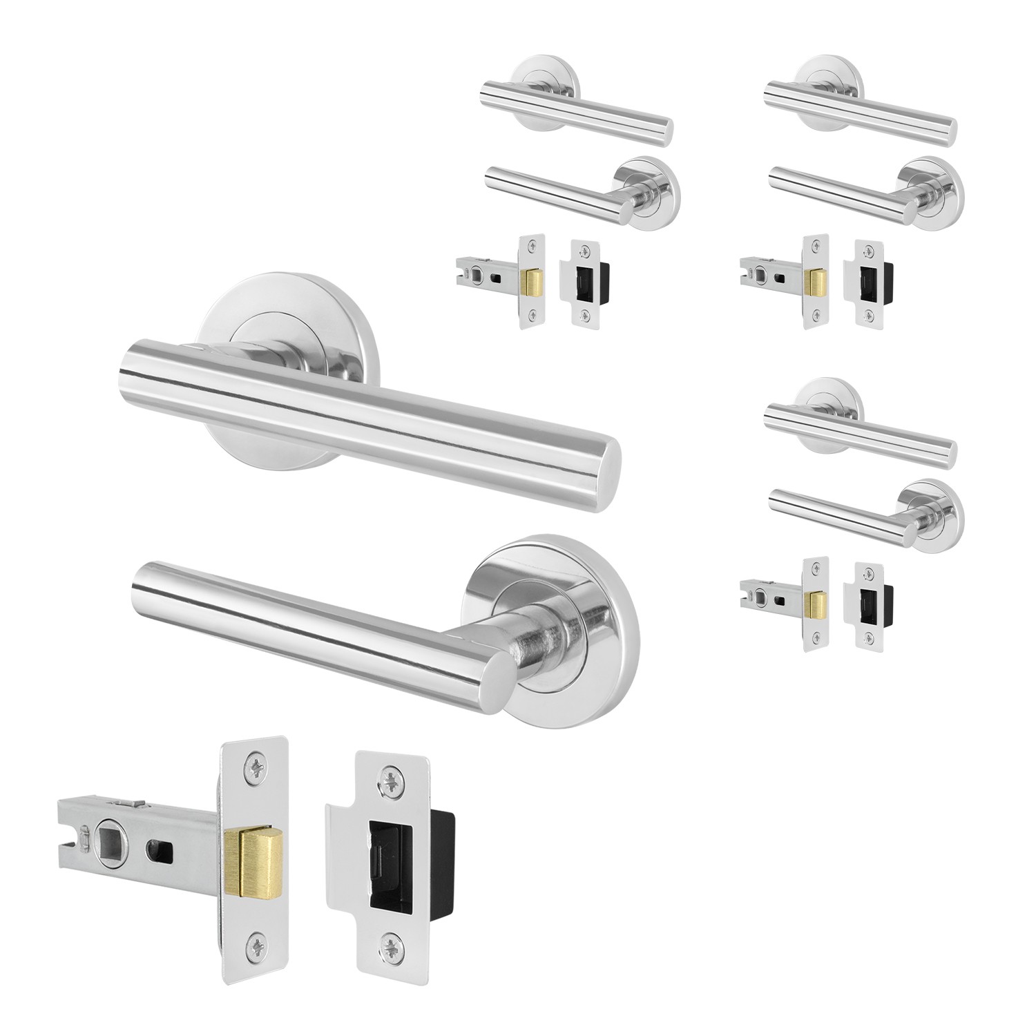 Polished Chrome Door Handle + Latch Set - Pack of 4 T-Bar Handles & Latch 64mm