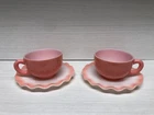 VTG 1950s Hazel Atlas Pink Crinoline Milk Glass 2 Cups & 2 Saucer Set Beautiful