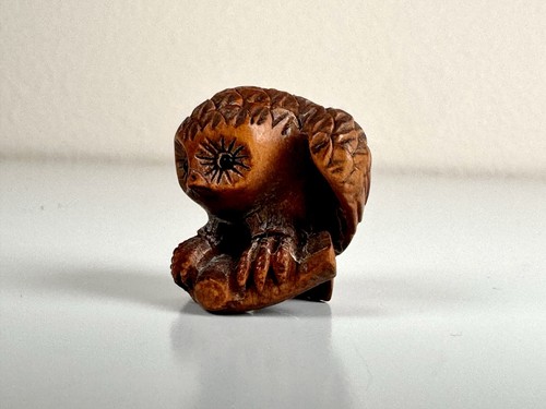 Antique Japanese Boxwood Netsuke Owl on Branch w Himotoshi Edo Meiji Carving