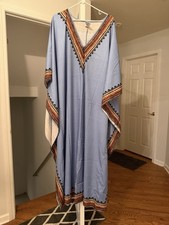 Blue Kaftan with Multicolor Trim